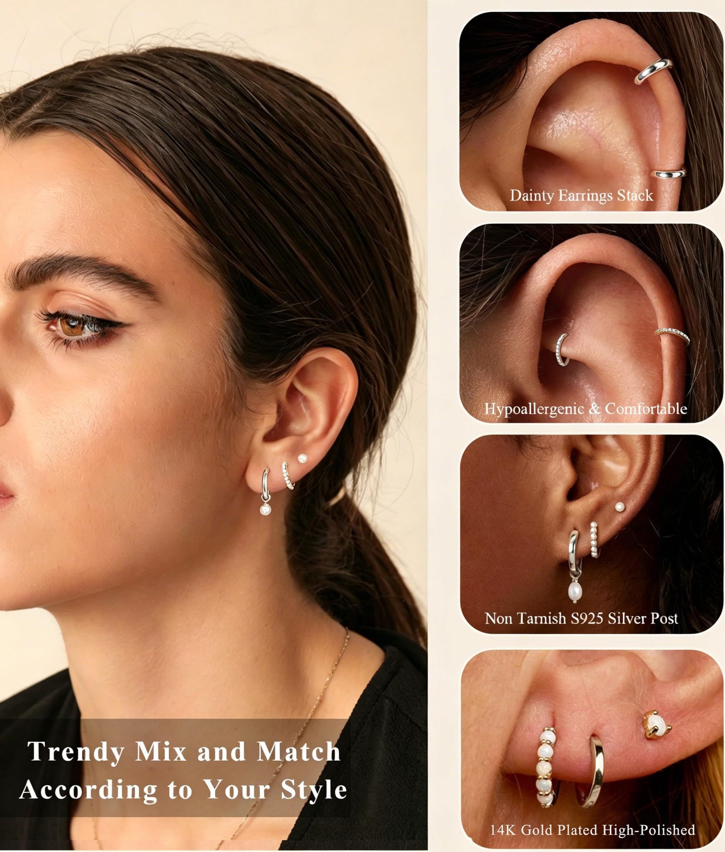 DORANA Silver Pearl Hoop Earrings for Women Non Tarnish Small Huggie Earrings 925 Sterling Silver Hypoallergenic Cartilage Stackable Sleeper Hoops Stacks Sets for Multiple Piercing, 3 Pairs