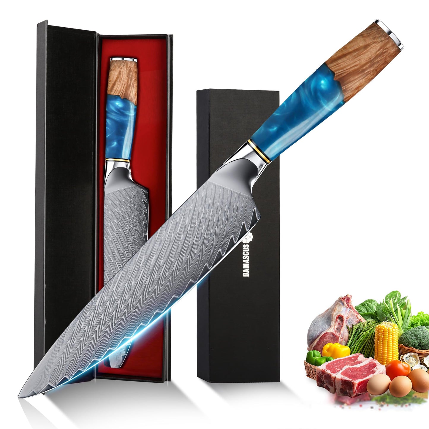 hoforife Chef's Knife, Japanese Damascus Chefs Knife 67 Layers High Carbon VG10 Steel Core with Wooden Ergonomic Handle, Gift Box (8In, Blue Resin)
