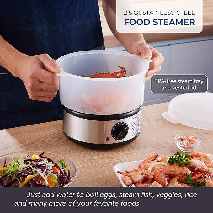 Elite Gourmet EST250 2.5 Quart Electric Compact Mini Food Vegetable Steamer, 400W with BPA-Free Tray, Auto Shut-off 60-min Timer, Veggies, Seafood, Chicken, Egg Cooker and more