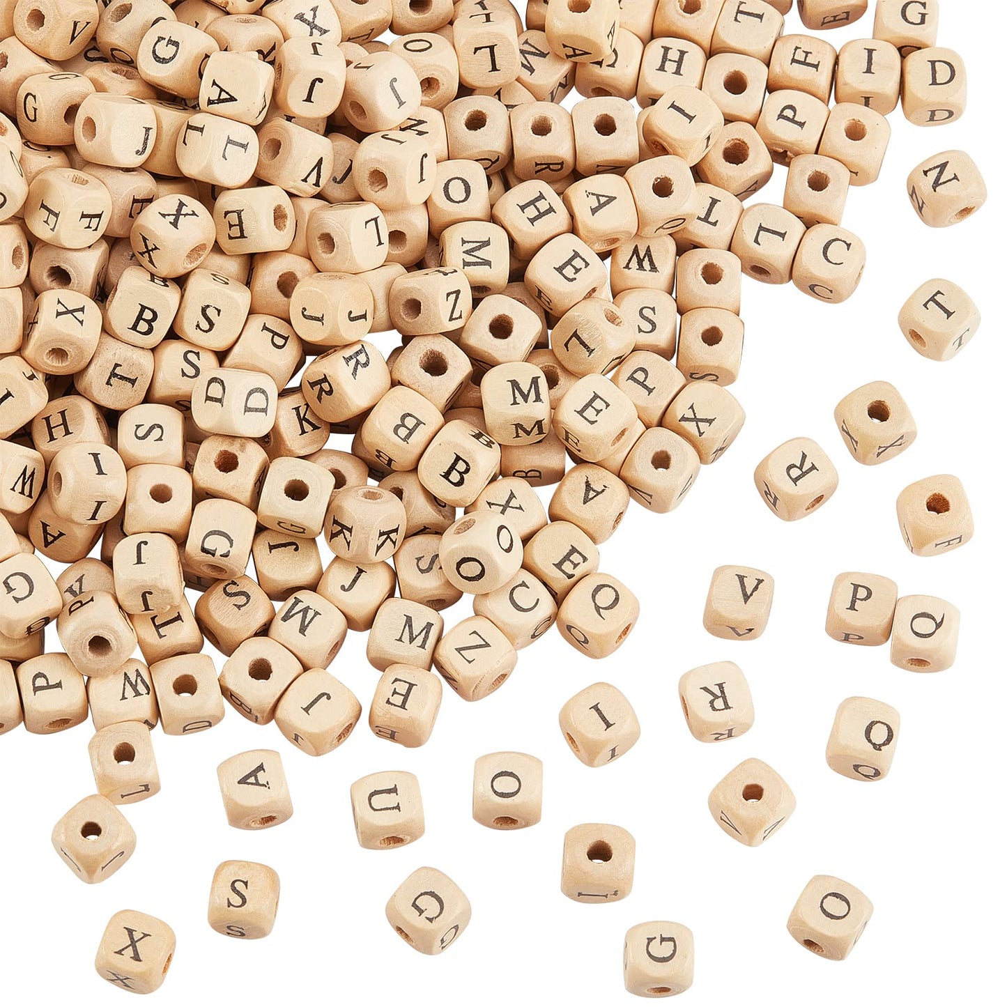 PH PandaHall 1060pcs 10mm Alphabet Wooden Beads Random Natural Square Wooden Beads 3~4mm Hole Wood Loose Bead with Initial Letter Cube Bead for Jewelry Making and DIY Projects