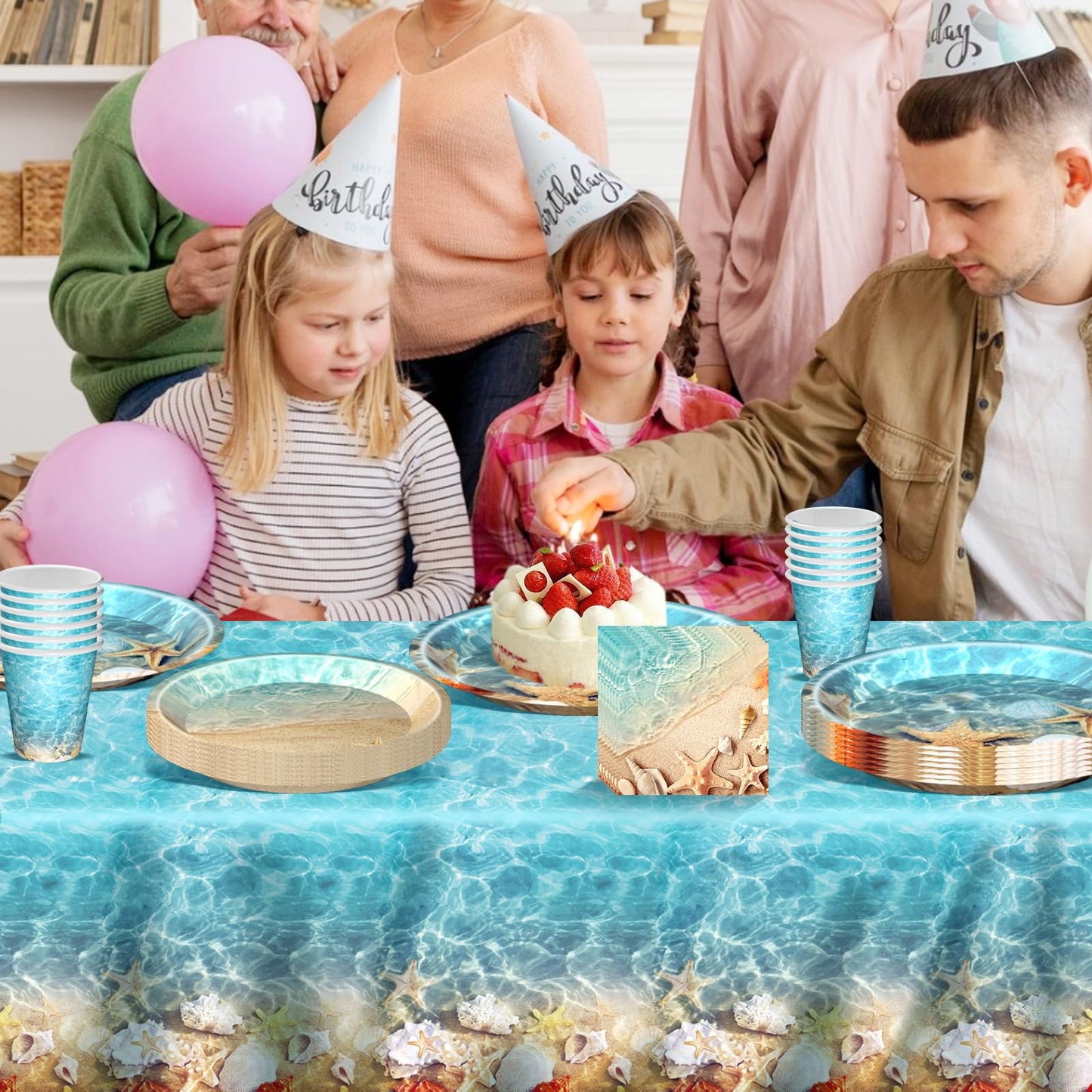 Seashell Party Supplies Ocean Beach Party Supplies Tableware with Seashell Beach Paper Plates Napkins Cups Tablecloth Banner for Summer Hawaiian Birthday Decorations, Serves 24