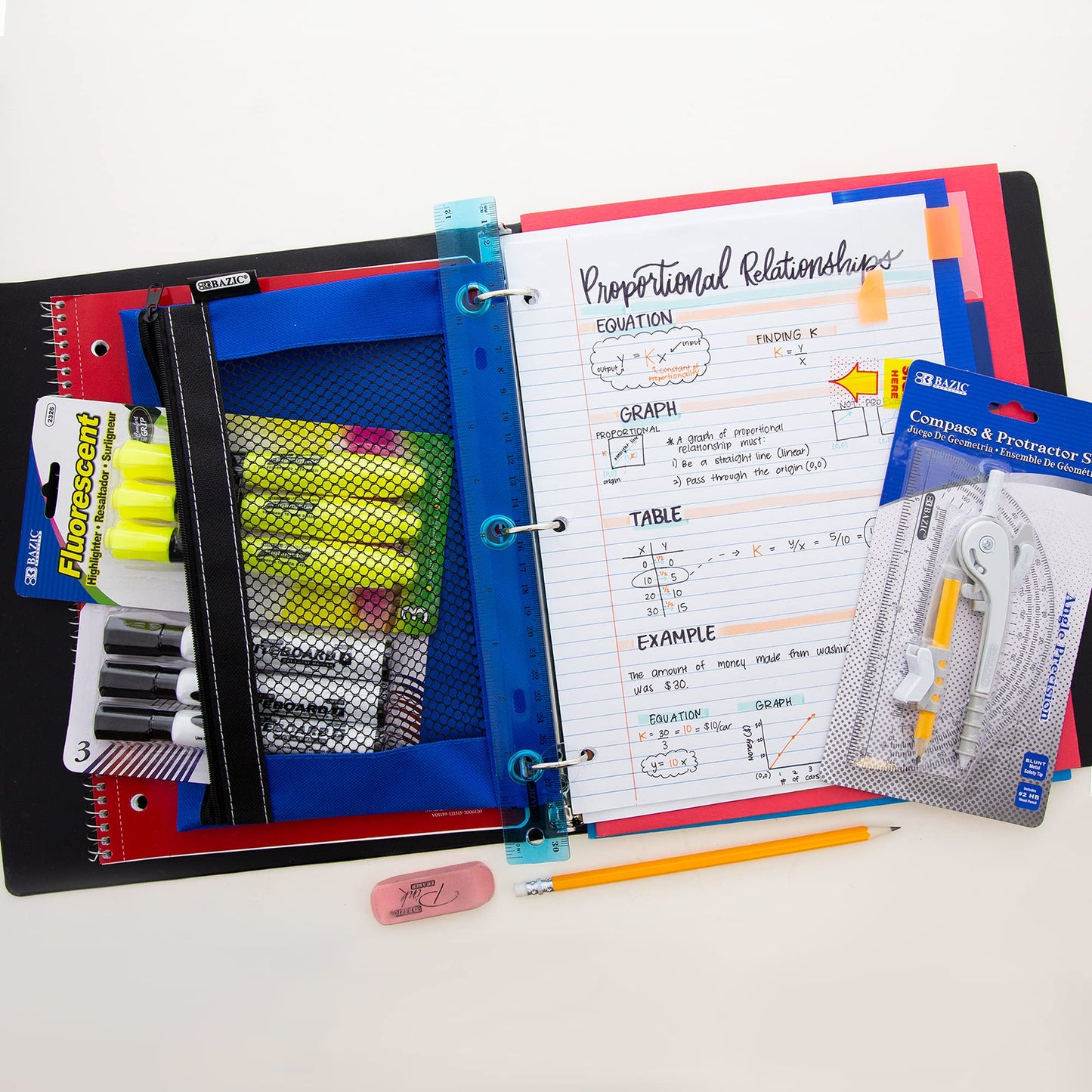 BAZIC PRODUCTS Middle & High School Kit Supply Box, 65-Count Student Set for Grades 7–12, Complete School Supply Kit with Middle School Supplies, Organized Supply Box for Highschool, 1-Pack
