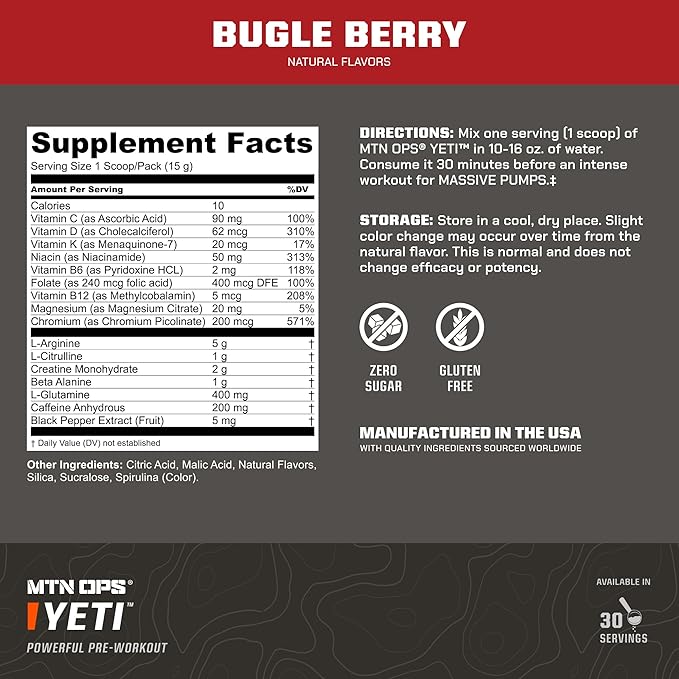 MTN OPS Yeti Pre-Workout Powder Energy Drink with Creatine, 200mg Caffeine & BCAAs with Beta Alanine, 30-Serving Tub, Bugle Berry