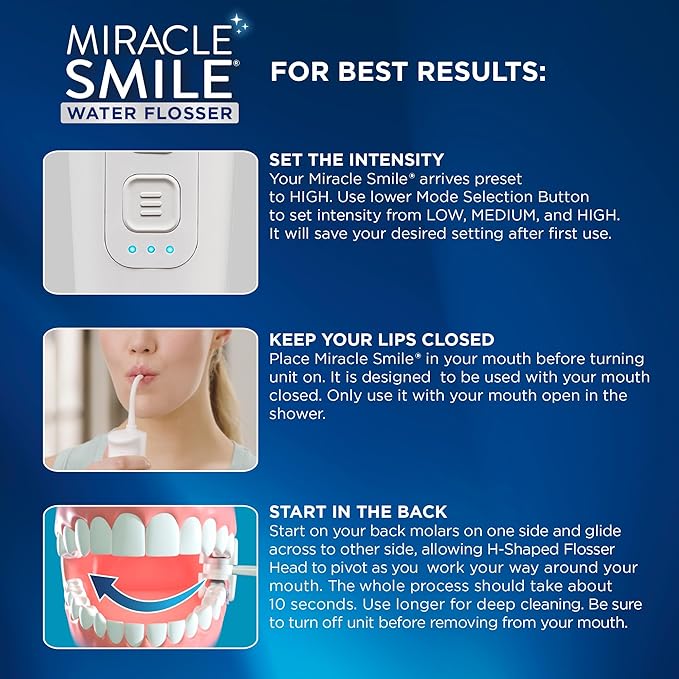 Ontel Miracle Smile Water Flosser for Teeth&Gum Health, Unique H-Shaped Flossing Head&4 Water Jets, Cordless Water Flosser Features 360° Cleaning&3 Pressure Modes, USB Rechargeable Dental Floss, White