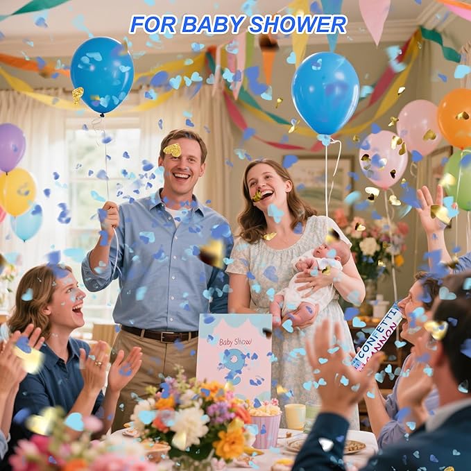 2 Pack Gender Reveal Confetti Cannon, 12 in Blue Heart shaped Paper Party Poppers Cannons, Confetti Poppers For Baby Boy Girl Gender Reveal Baby Showers (Heart, Blue)