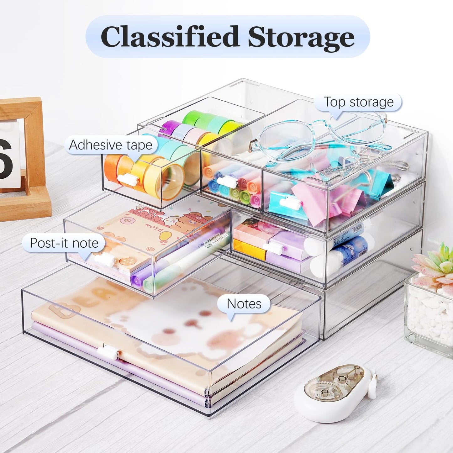 3 Tier Stackable Desk Organizer with 6 Drawers, YOCOMEY Plastic Desktop Storage Box Drawers, Detachable Makeup Storage Office Stationery Supplies Organizer for Office School (All Clear)