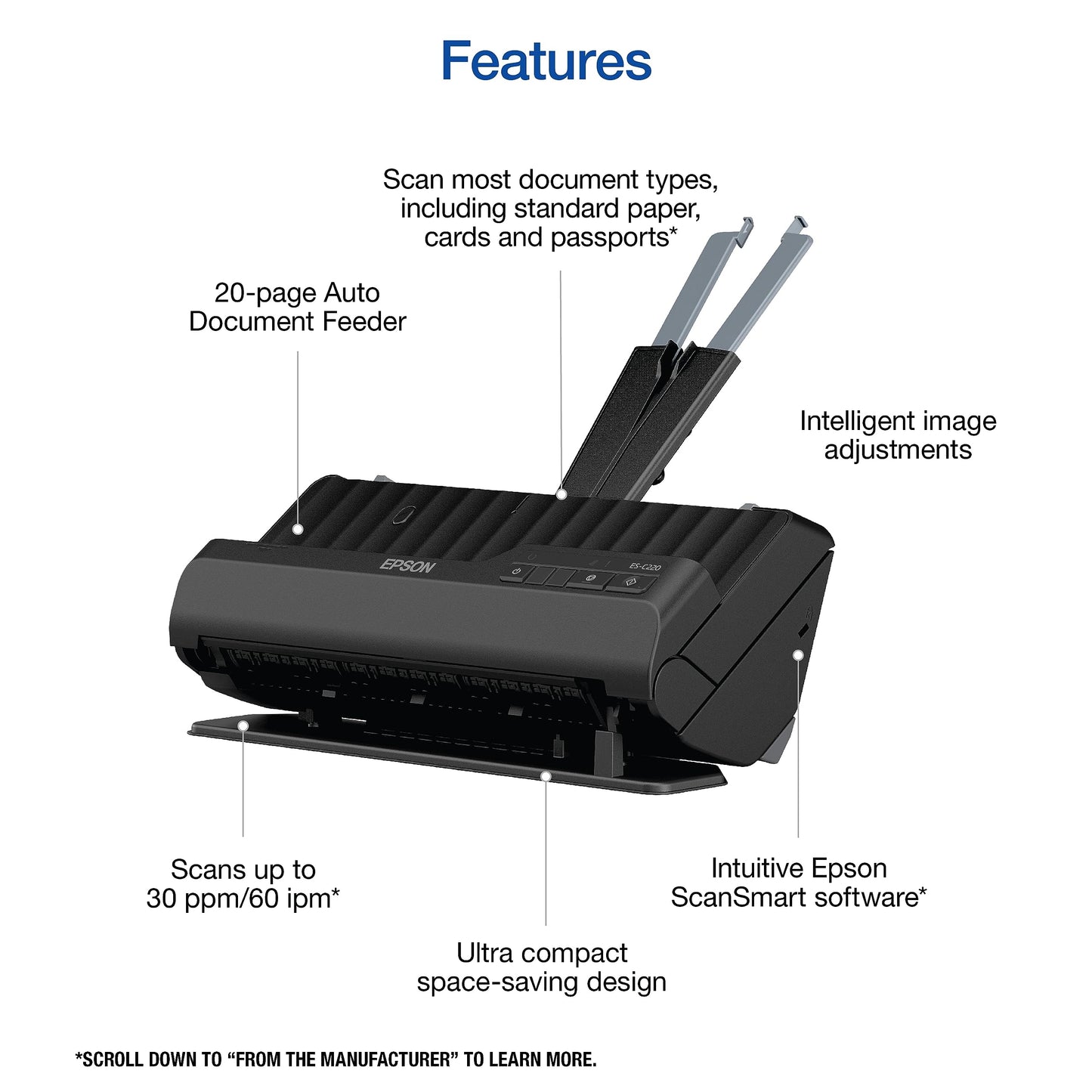 Epson Workforce ES-C220 Compact Desktop Document Scanner with 2-Sided Scanning and Auto Feeder (ADF) for PC as Well as Mac