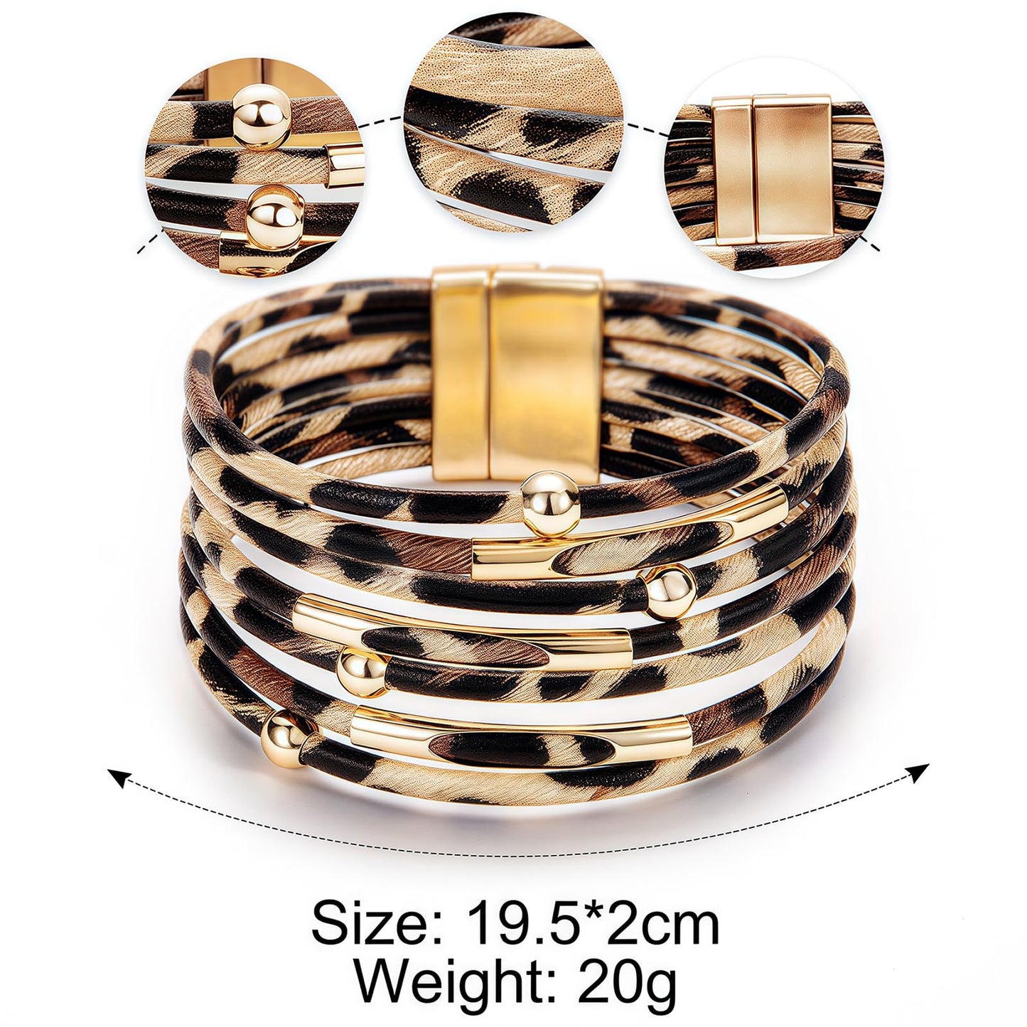 Fesciory Leopard Bracelet for Women, Boho Leather Wrap Multi-Layer Pearl Crystal Bracelet Bangle Jewelry(Brown Leopard)