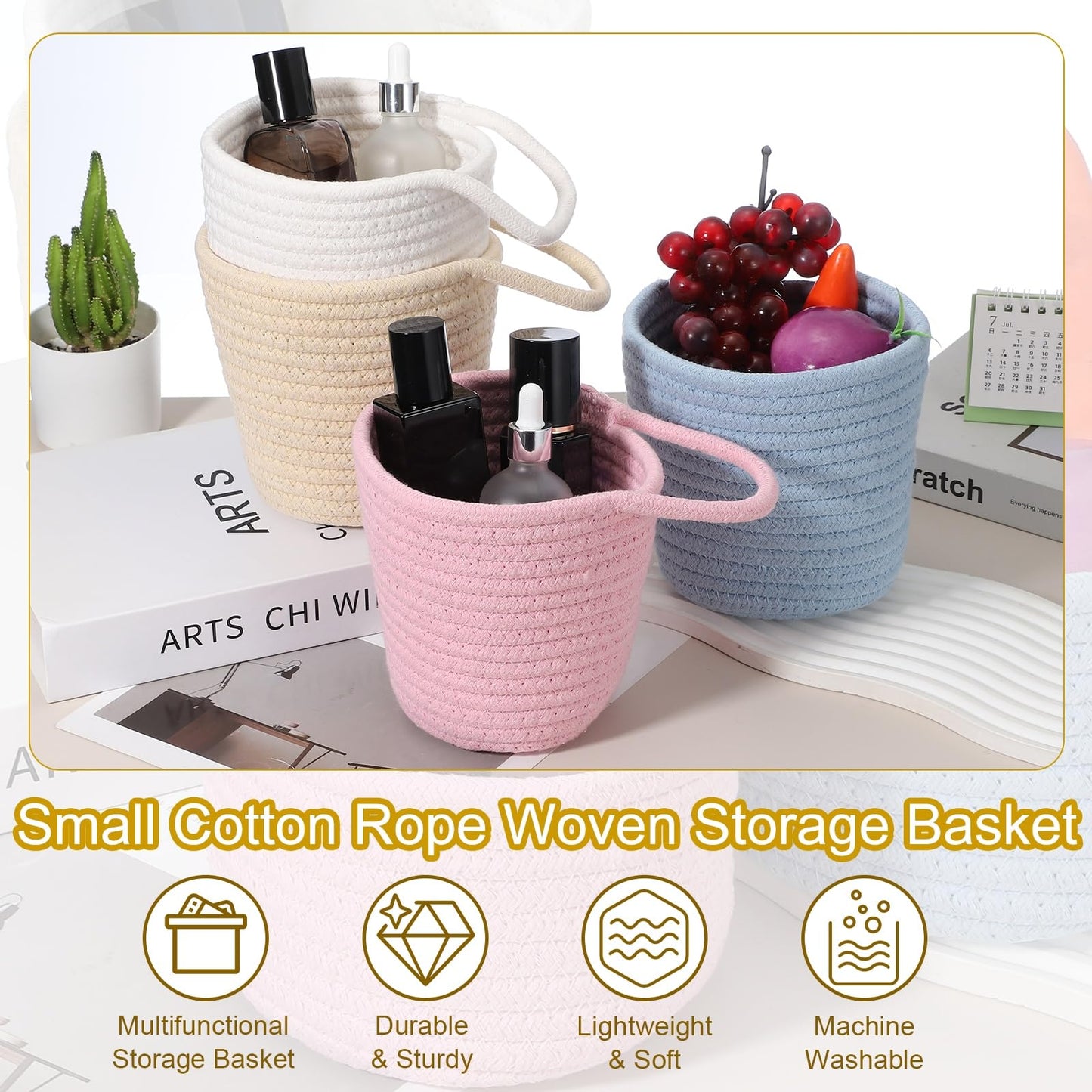 uxcell Blue Small Cotton Rope Woven Storage Basket, Shelf Closet Storage Gift Woven Baskets Cute Nursery Box Bin Decor Organization Bin for Home Supply, Round with Handle, 5.6x5.6