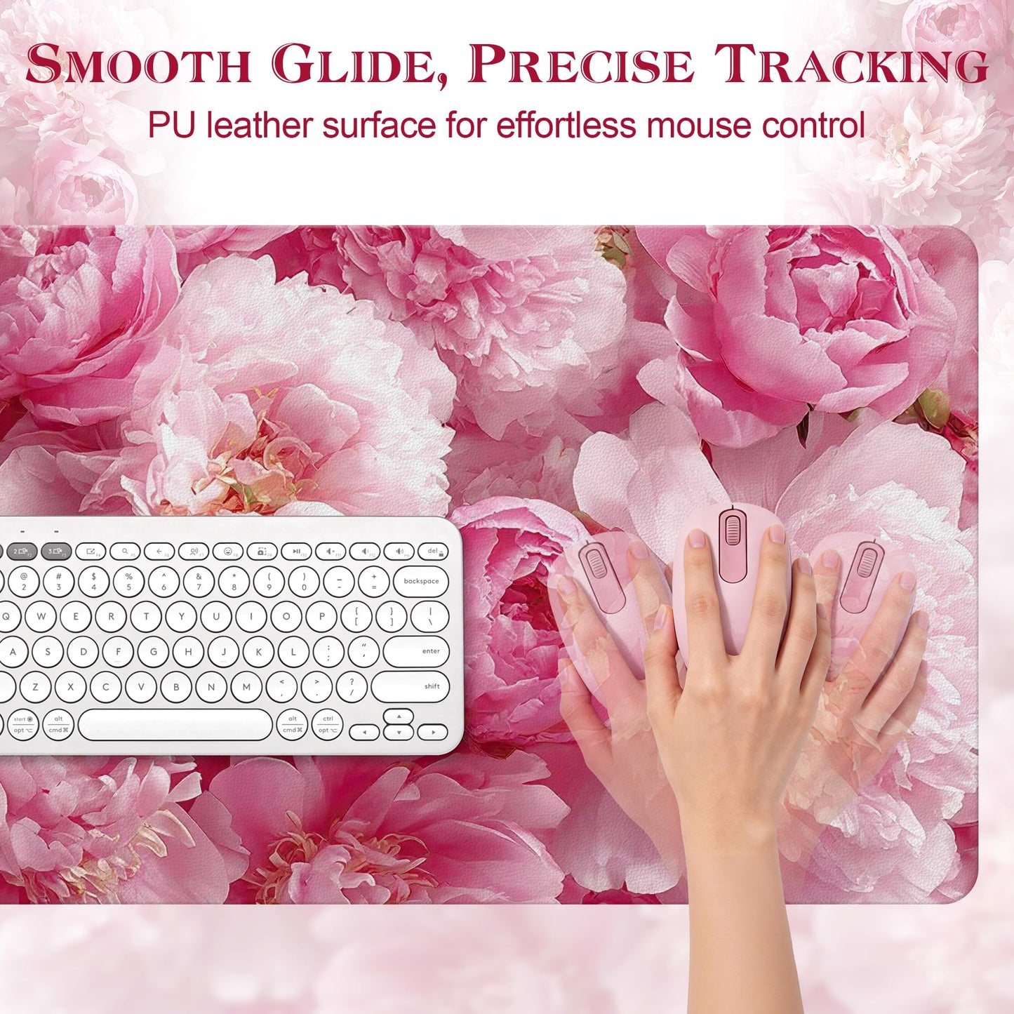 UGYAZX Desk Mat Desk Pad for Keyboard and Mouse, 31.5 x 15.7 in, Pink Peony Floral PU Leather Computer Protector, Non-Slip Base, Waterproof, Easy Clean for Office Gaming, Mouse Pad