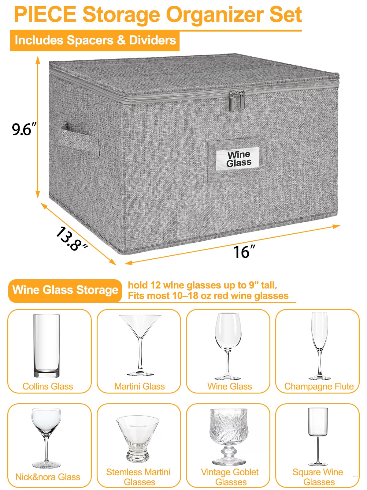 punemi Wine Glass Storage Box, Glassware Storage Containers w/Hard Shell Side Bottom Support & Padded Dividers, Stackable Stemware Storage Case for 24 China Crystal Glasses Drinkware, Moving Supplies