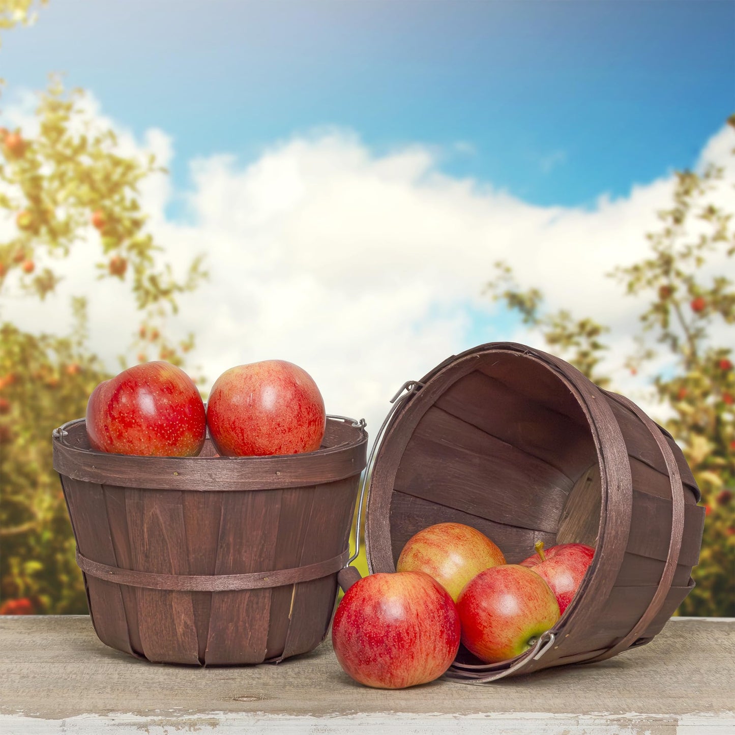 Cornucopia Brands Round Wooden Baskets (2-Pack, Dark Brown); Wood Fruit Buckets w/Handle, Gallon Capacity