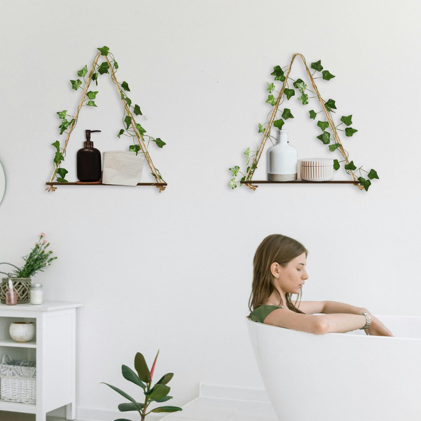 Artilady 2 Pack Artificial Ivy Wall Hanging Shelves Boho Floating Shelves Wall Decor, Adjustable Rustic Wood Shelf with LED Light Storage Rack Macrame Plant Shleves Holder for Bedroom