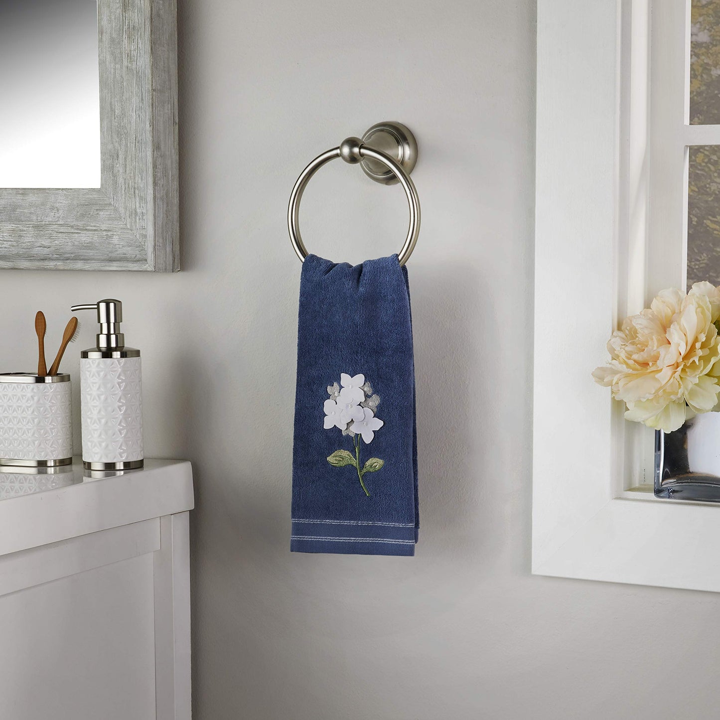 SKL Home Farm Hydrangea 100% Cotton 3D Embroidered 2pc Hand Towel Set, Decorative for Bath/Kitchen/Bar & Gift, Blue