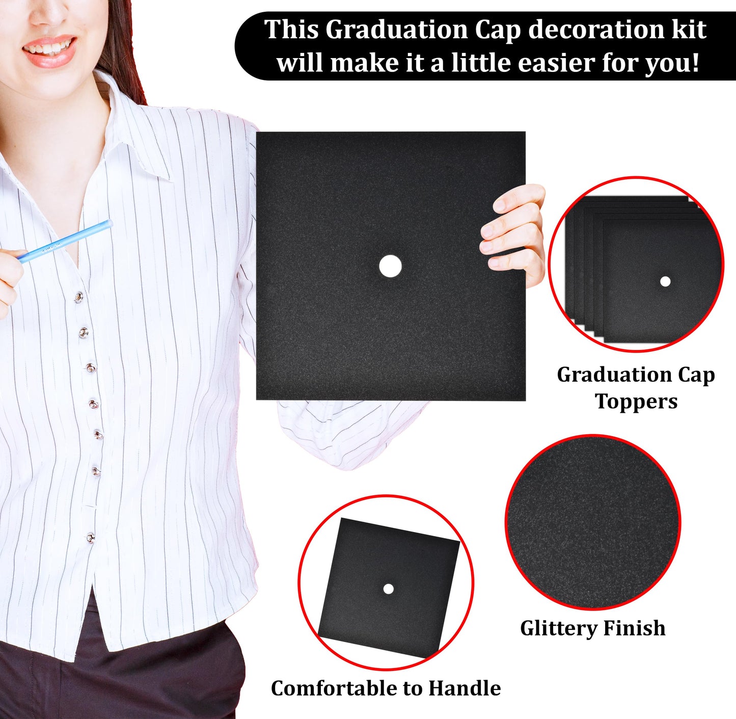 Graduation Cap Topper Kit 25 Count 9x9 Inch Black Glitter Caps with 150 Adhesive Dots for DIY Decorating Mortarboard Decoration Supplies