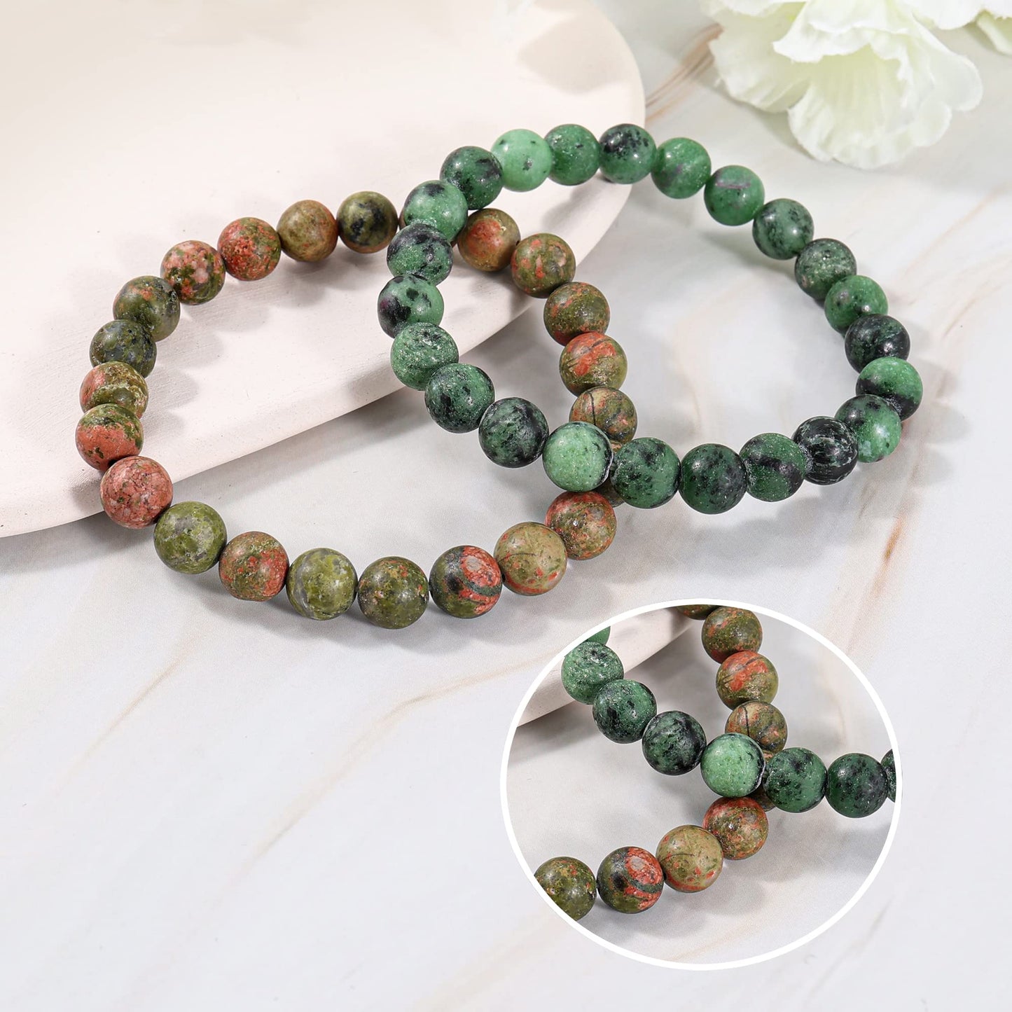 Bivei Natural Gemstone Semi Precious Crystals Handmade Stretchy Round Beads Bracelet, Enhance Positive Energy,Stocking Stuffers for Women(Unakite & Green Agate (Recovery) Medium)