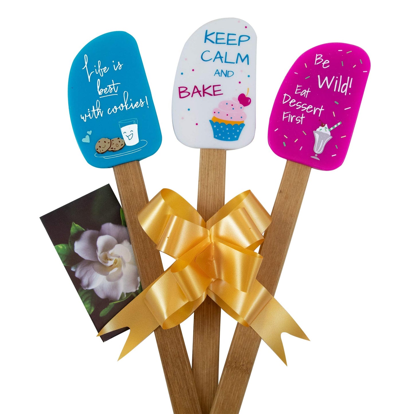 3 Piece Fun Silicone Spatula Gift Set with lovely bow and photo gift card. Easy clean, durable, high temperature and stain resistant. Bamboo handles. Great for gifts, baking, cooking, sauteing.