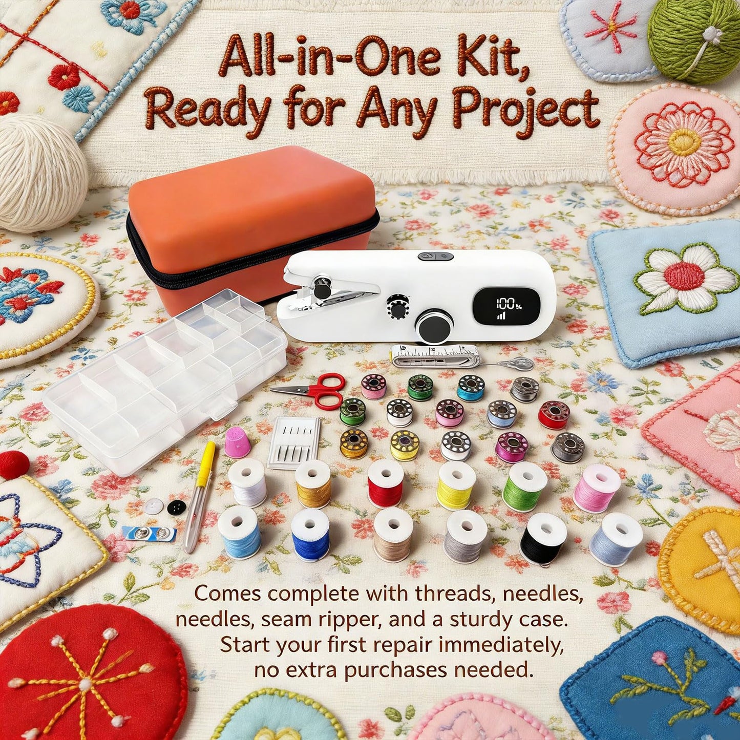 Handheld Sewing Machine, Portable Mini Sewing Machine for Beginners & Adults - Smart LCD Screen, USB-C Fast Charge, 3-Speed Control & Complete Sewing Kit for Home DIY, Fabric Repair and Crafts