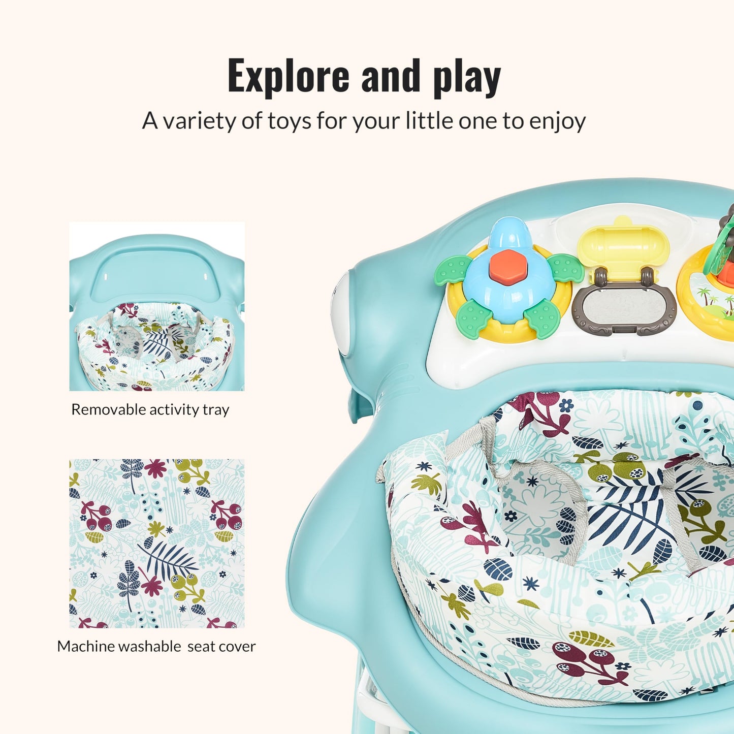 Dream On Me Aloha Baby Walker, 2-in-1 Foldable Infant Activity Walker with Adjustable Height, Musical Toy Tray, Padded Seat & Removable Foot Mat, Compact Folding Design for Babies 6–36 Months - Blue
