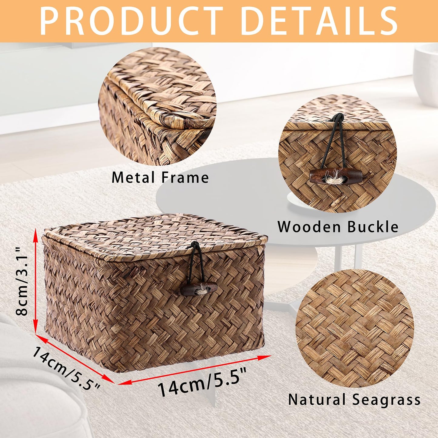 Hipiwe Seagrass Basket with Lid Wicker Storage Basket Square Handwoven Decorative Baskets Box for Shelf Multipurpose Household Baskets Home Decor,X-small