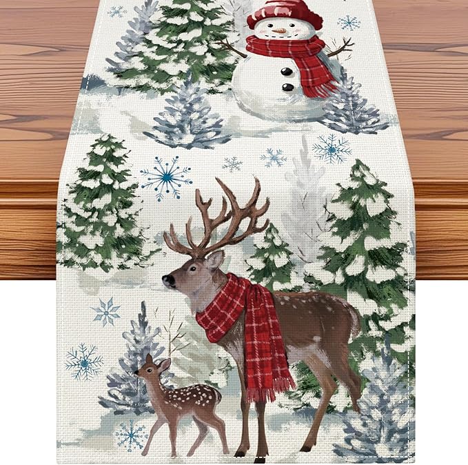 Artscope Reindeer Snowman Christmas Tree Table Runner, Xmas Winter Snowflakes Holiday Kitchen Dining Table Decoration for Christmas Home Party Decor 13x120 Inch-Beige