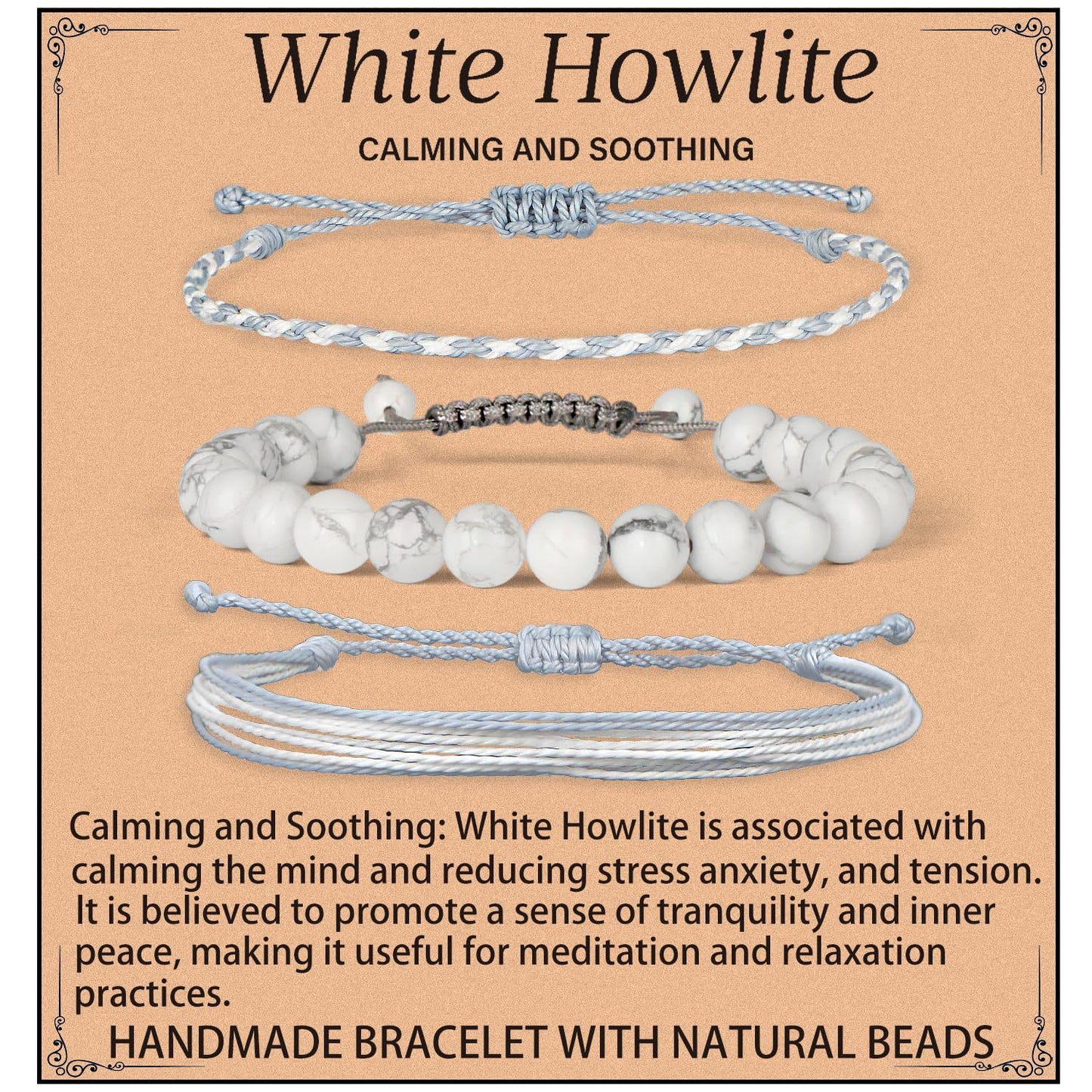 QOGIR Handmade Healing Stones Bracelet,8mm Natural White Howlite Gemstone Beads Bracelet,for Men Women Gifts with 2PCS Size Adjustable Rope Bracelets
