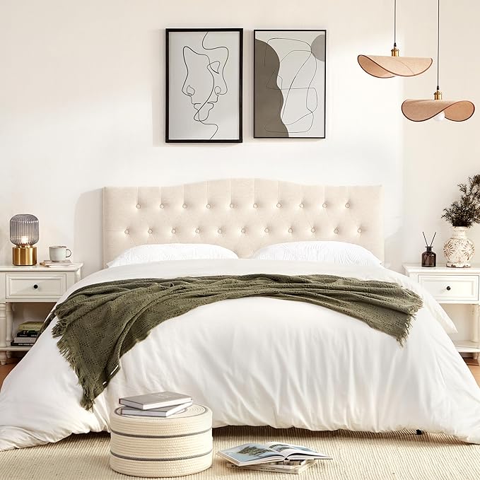 Tufted Upholstered Headboard Queen Size, Sturdy and Durable Solid Wood Bed headboard, Fabric Headboard Adjustable Height from 37” to 51”, Modern Button Diamond Design Head Board, Beige