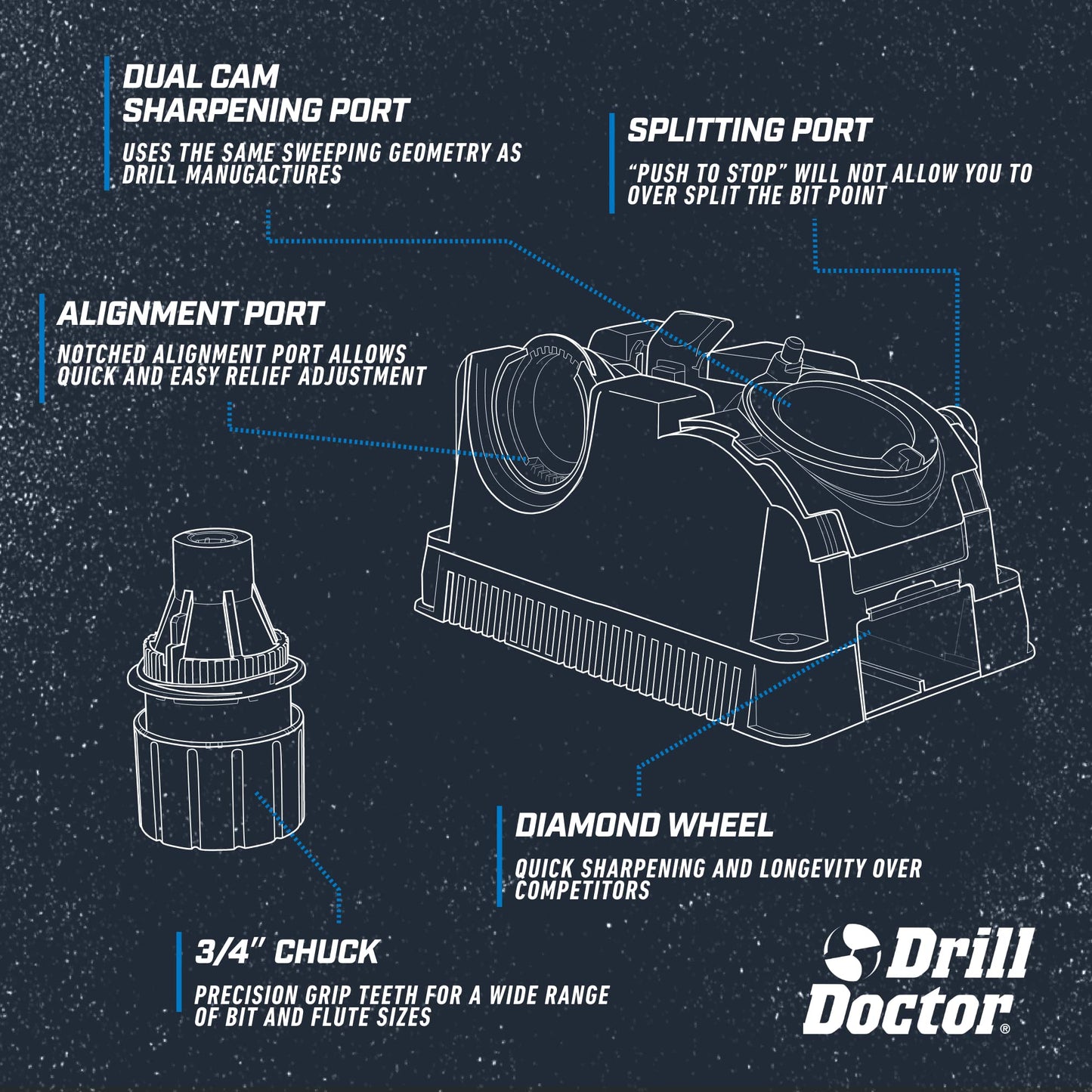 Drill Doctor DD750X Electric Drill Bit Sharpener, 3/32-3/4" High-Speed, Portable - Steel, Masonry, Carbide, Cobalt, Tin-Coated Bits, Adjustable Angles