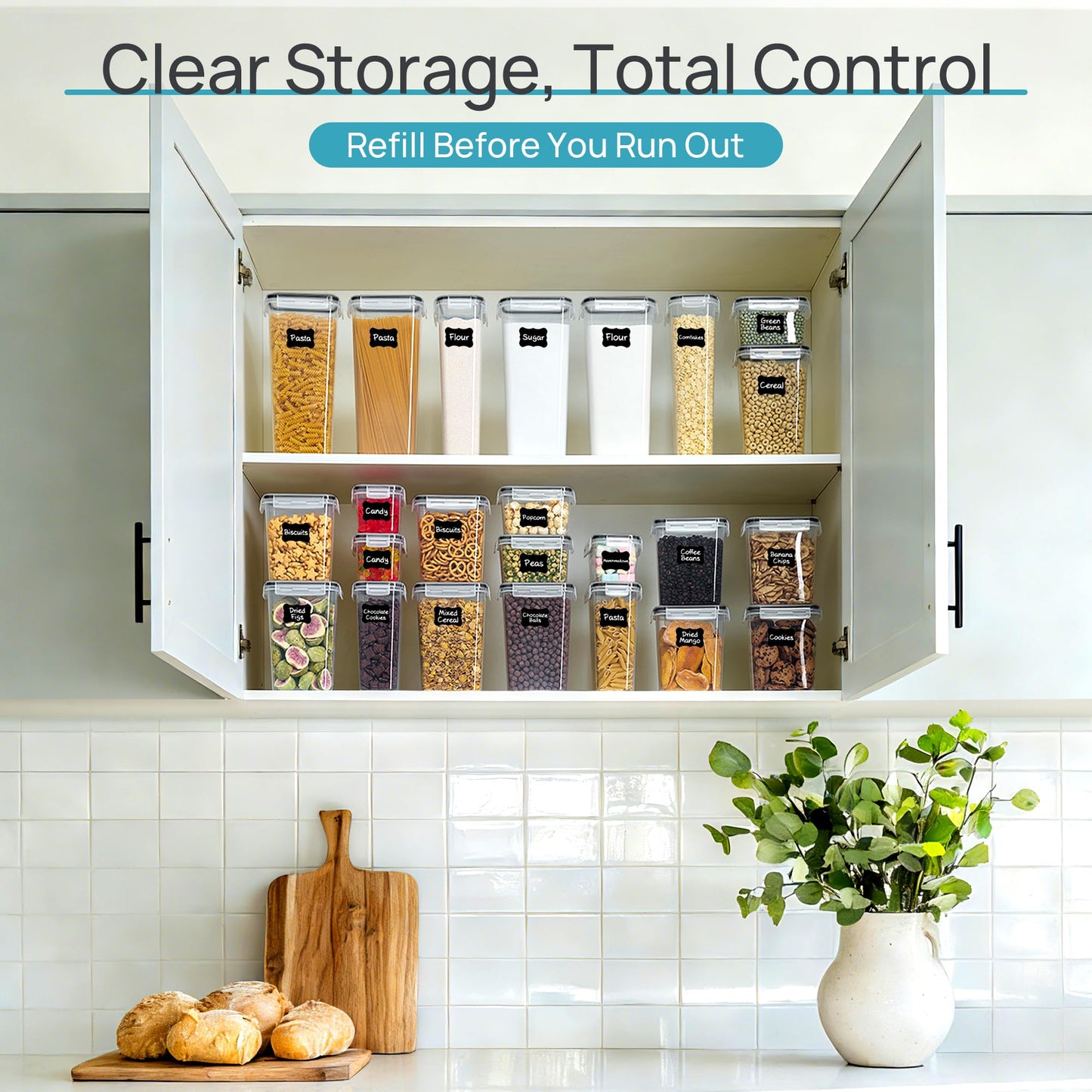 Airtight Food Storage Containers with Lids, Vtopmart 24 pcs Plastic Kitchen and Pantry Organization Canisters for Cereal, Dry Food, Flour and Sugar, BPA Free, Includes 24 Labels，Black