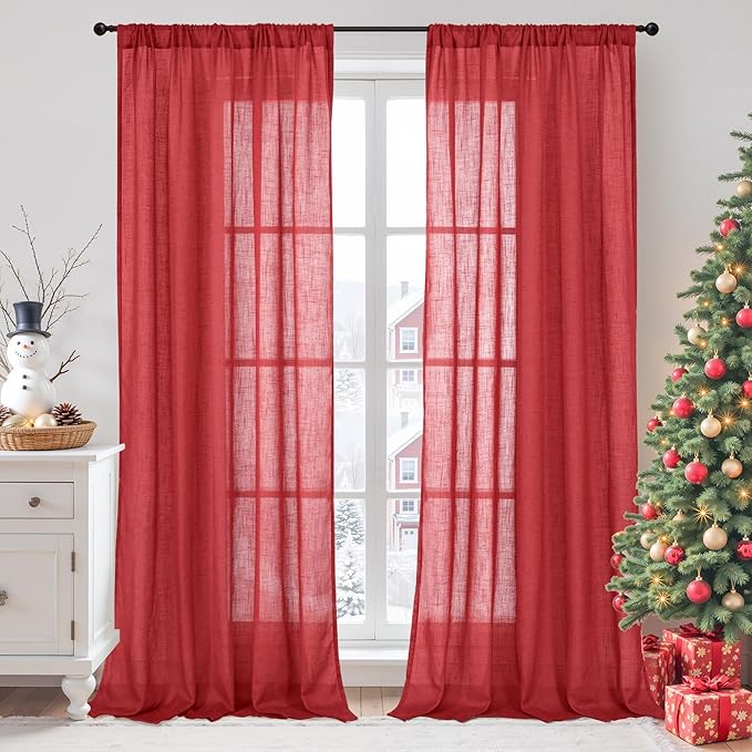 BGment 96 Inches Long Linen Curtains for Living Room, Semi Sheer Red Window Drapes Textured for Farmhouse Bedroom Dining with Rod Pocket Lightweight, 2 Panels Set, Each 52 Inch Wide
