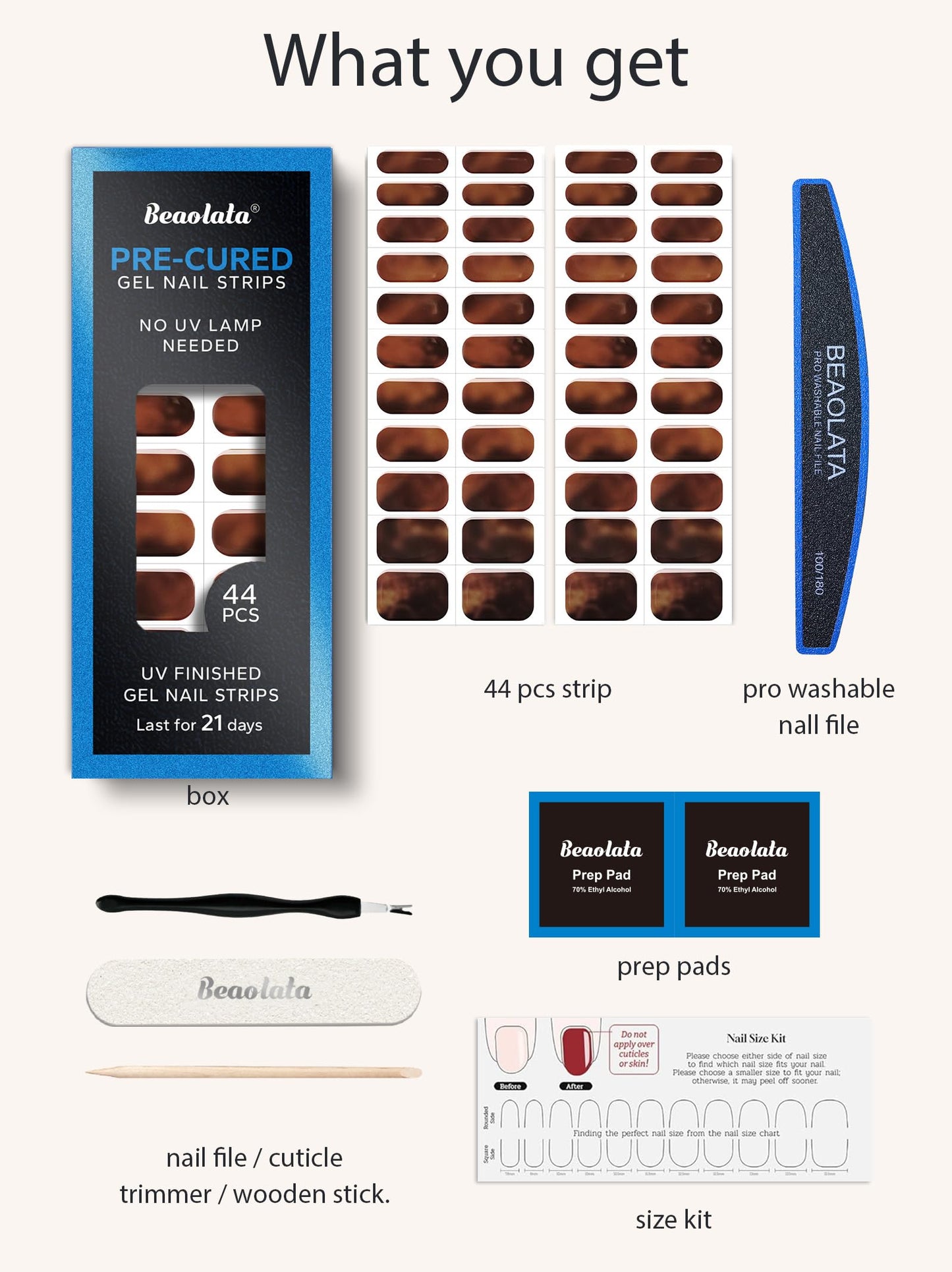 Beaolata Real Gel Nail Strips (No UV Light Needed) - 44Pcs Salon Quality Nail Stickers - Long Lasting Polish Wraps for Women, Easy Apply & Remove (Brown Leopard)