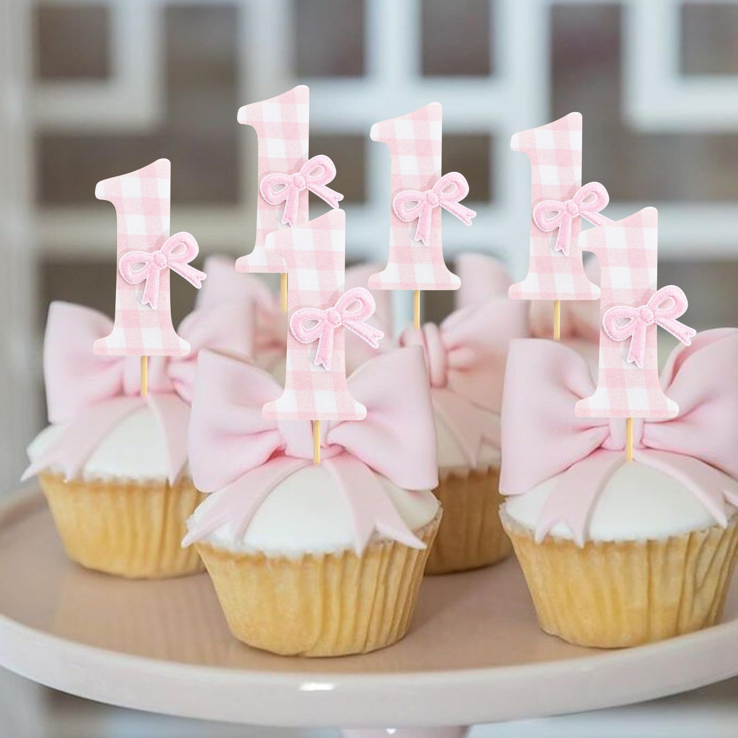 12Pcs Bow 1st Birthday Cupcake Toppers - Sweet One Birthday Decorations,First Wedding Anniversary Bowknot Cupcake Toppers,Pink Bow Cake Smash Photo Props,Coquette Party Table Centerpieces