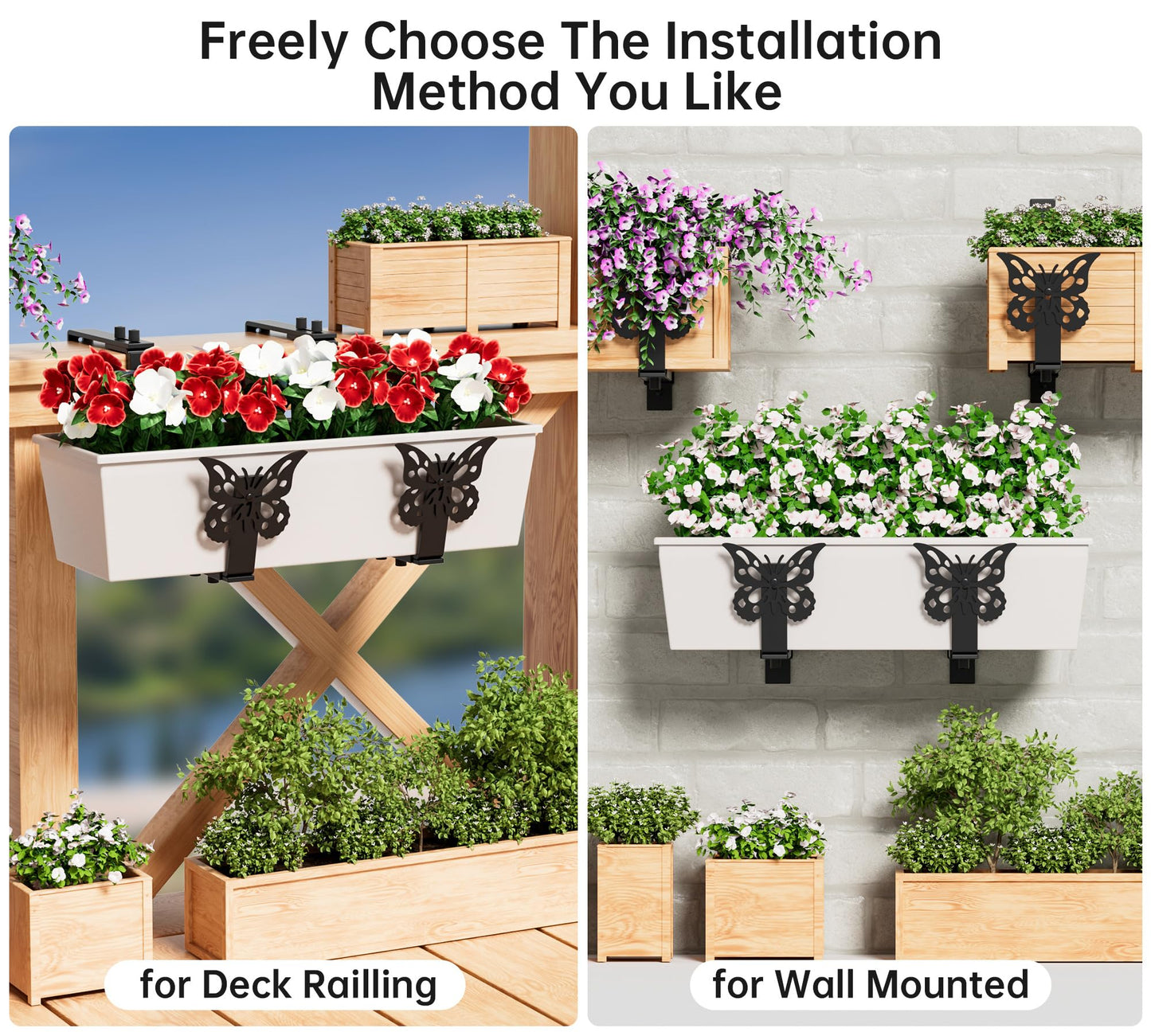 LAWYAMAI 6 Pack Window Box Brackets, Adjustable Planter Box Brackets, Universal Flower Box Bracket for Deck Railing, Heavy Duty Railing Planter Bracket for Balcony, Fence and Garden - Black