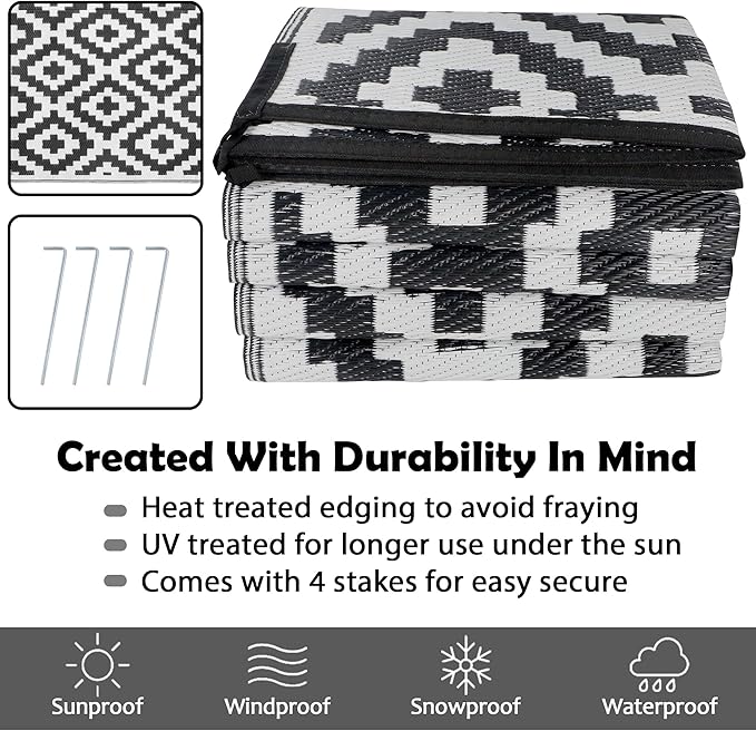 SAND MINE Waterproof Outdoor Rug 8x10 ft, Plastic Reversible Rug, Modern Area Rug, Large Floor Mat for Outdoors, RV, Patio, Backyard, Deck, Picnic, Beach, Camping (8' x 10', Black & White Lattice)