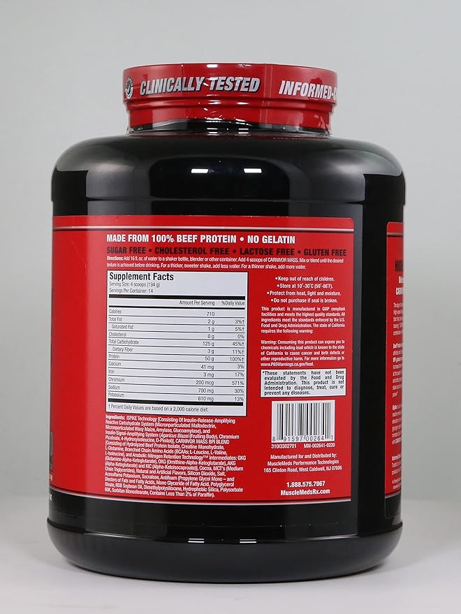 MuscleMeds Carnivor Mass Gainer Beef Protein Isolate Shake, 50 Grams Protein, 125 Grams Carbs, 0 Fat, 0 Sugar, Lactose Free, ChocolateFudge, 6 Pound