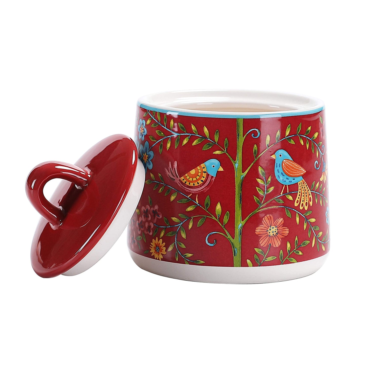 Bico Red Spring Bird Ceramic Sugar and Creamer Set, Sugar Bowl with Lid, Cute Container for Coffee Bar, Kitchen Countertop Accessories, Microwave and Dishwasher Safe