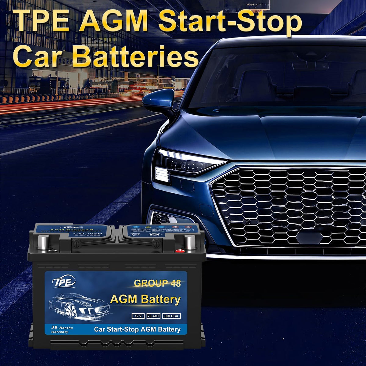 TPE AGM Battery BCI Group 48, Maintenance Free 12V 70Ah, H6 Size, 120RC, 800CCA, Automotive Battery, Reliable Performance for Cars Lead-Acid