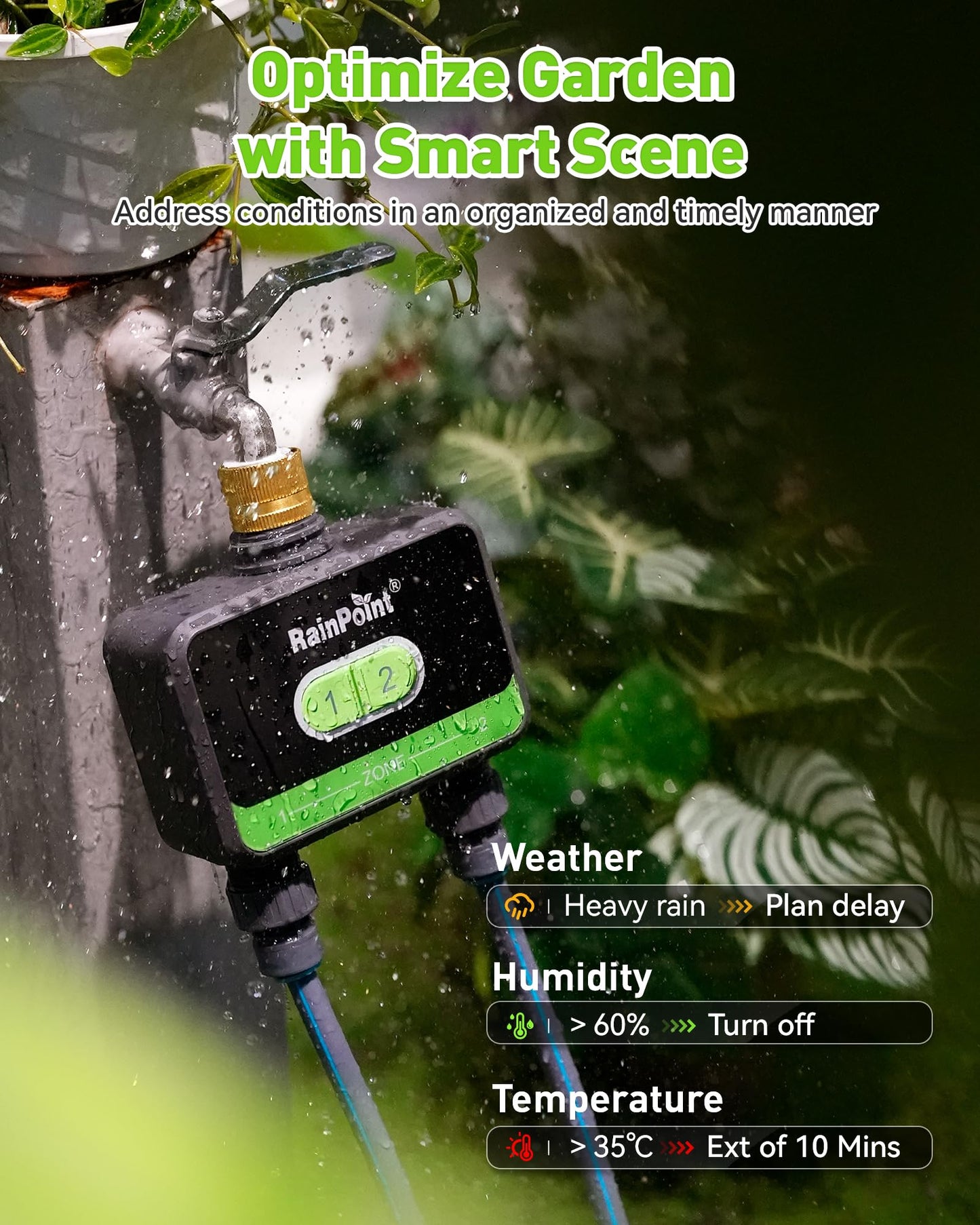 RainPoint WiFi Water Timer for Garden Hose with Brass Inlet, 2-Zone Smart Sprinkler Hose Timer, WiFi Irrigation Controller, Automatic Watering System for Lawns and Yard