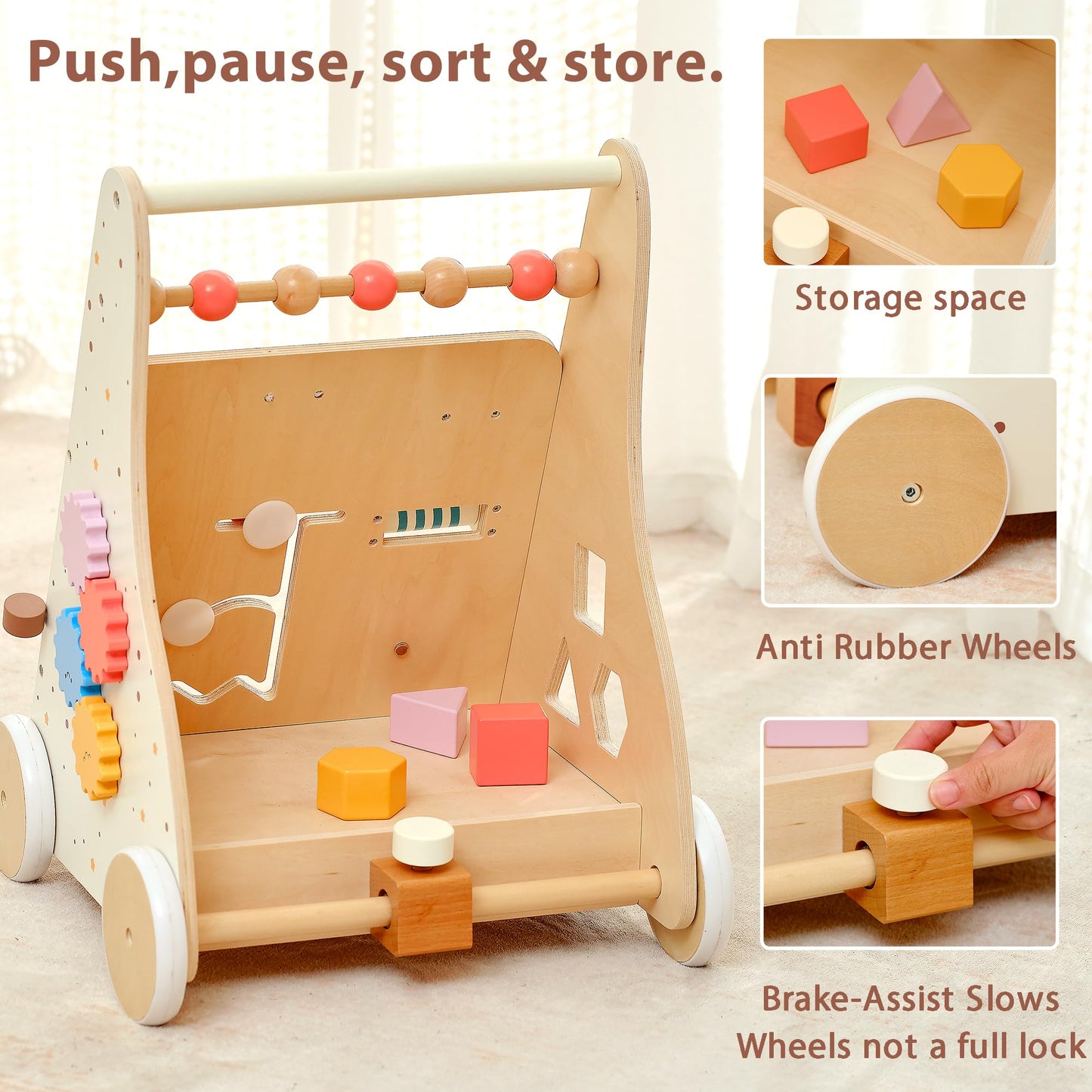Pillowhale Wooden Baby Walker for Toddlers Learning to Walk, Push Walker Toy with Montessori Activity Center & Adjustable Brake, 12M+ (Spring Bird)