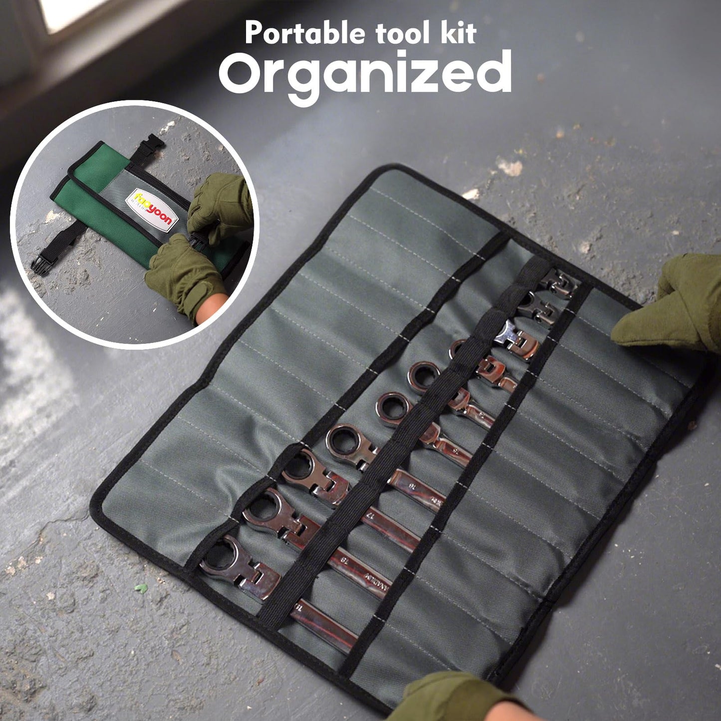 Faoyoon Heavy Duty Roll Up Tool Bag, Heavy Duty See-Through Tool Roll Organizer, 5 Color Coded Detachable Pouches & Wrench Roll, Portable Mechanic & Motorcycle Tool Bag, Birthday & Father’s Day Gift