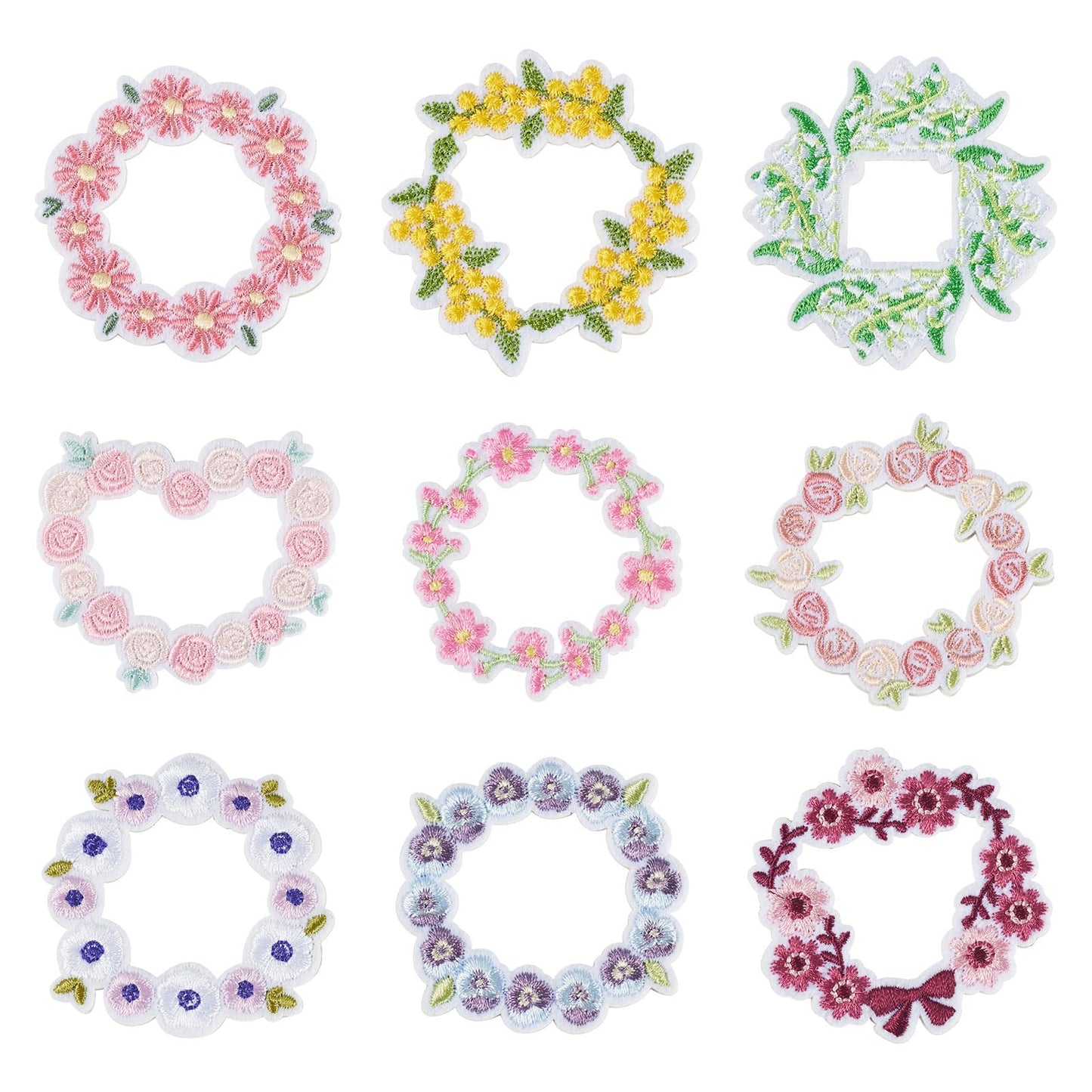 Cheriswelry 9Pcs Flower Iron on Patches for Clothing Wreath Embroidered Applique Patches 52-62mm for Hats Dress Jackets Jeans Backpacks DIY Craft Accessories