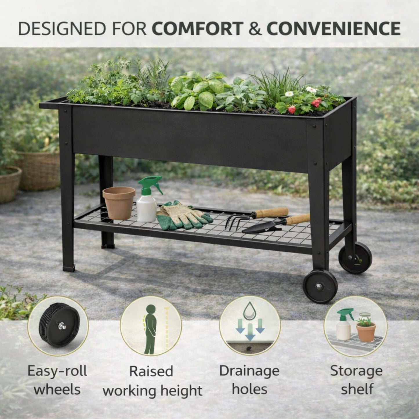 InSideOut Elevated 40" Raised Garden Bed Outdoor with Wheels & Shelf for Mobility, Metal Planter Box for Vegetables/Herbs, Patio-Balcony-Backyard (Charcoal)