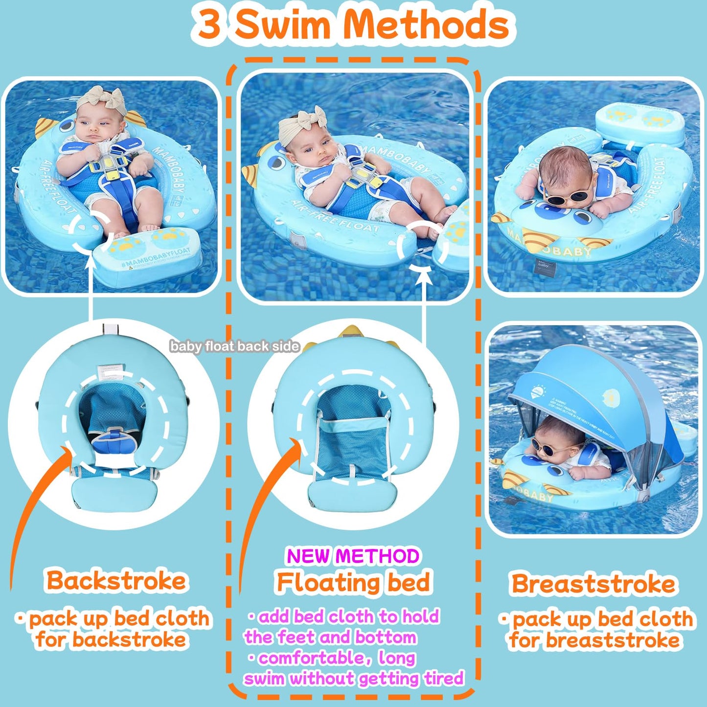 Mambobaby Float Add Tail No Flip Over Non-Inflatable Baby Swim Float Pearl Foam Solid Water Floats Smart Swim Trainer Infant Pool Float Swim Ring with Sun Canopy