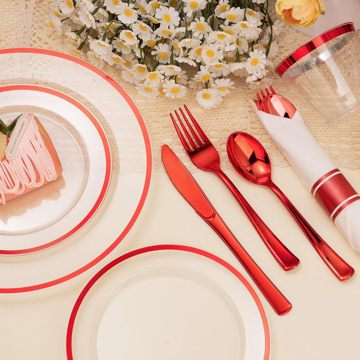 350PCS Clear and Red Disposable Plates Set for 50 Guests, 100 Plastic Plates, 50 Plastic Cups, 50 Pre-Rolled Napkins with Cutlery for Party, Christmas, Thanksgiving, Birthday, Halloween