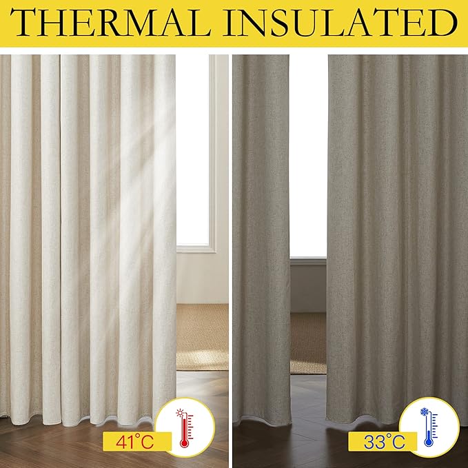NICETOWN Natural Bedroom Full Blackout Linen Curtain Panels Set of 2, 52" by 72", Cold Reducing Thick Insulated Classic Grommet Blackout Draperies with White Thermal Insulated Liner for Windows