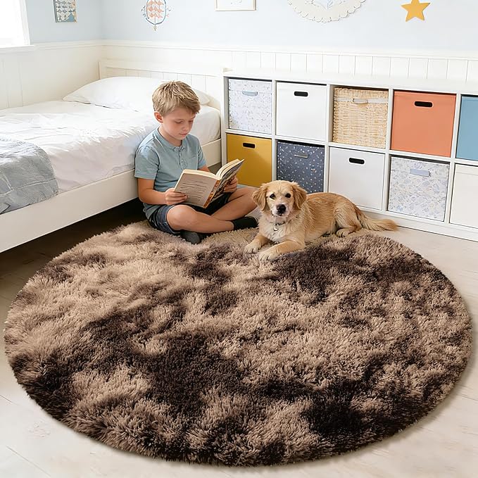 Tie-Dyed Coffee Fluffy Round Rug,Soft Area Rugs for Girls Room,Shaggy Rugs 3'X3' for Living Room,Non Slip Circle Rug for Kids Bedroom,Shag Plush Nursery Carpets,Fuzzy Rug for Dorm,Room Decor Carpet