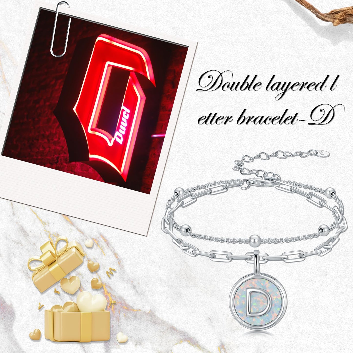LWQQWL Initial D Bracelet for Women 925 Sterling Silver Layered Initial Bracelet Opal Letter 26 Alphabet Jewelry Christmas Gifts