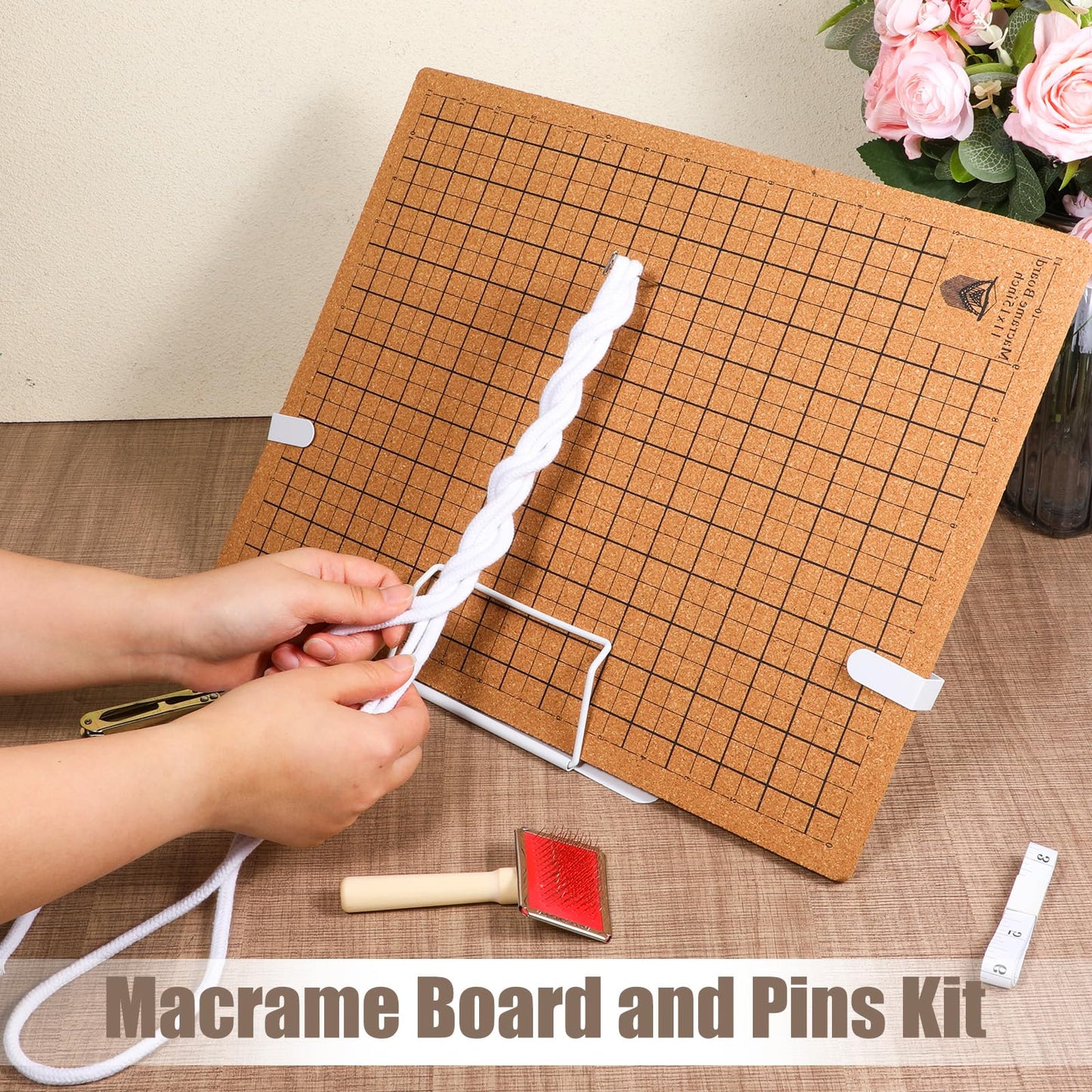 SHENLIU 108 Pcs Macrame Kit 12×16 Inch Macrame Board and Pins, Double Sided Grids Handmade Braiding Making Board, Metal Adjustable Holder, Brush Scissor Ruler for Bracelet Creating, Knotting Creations