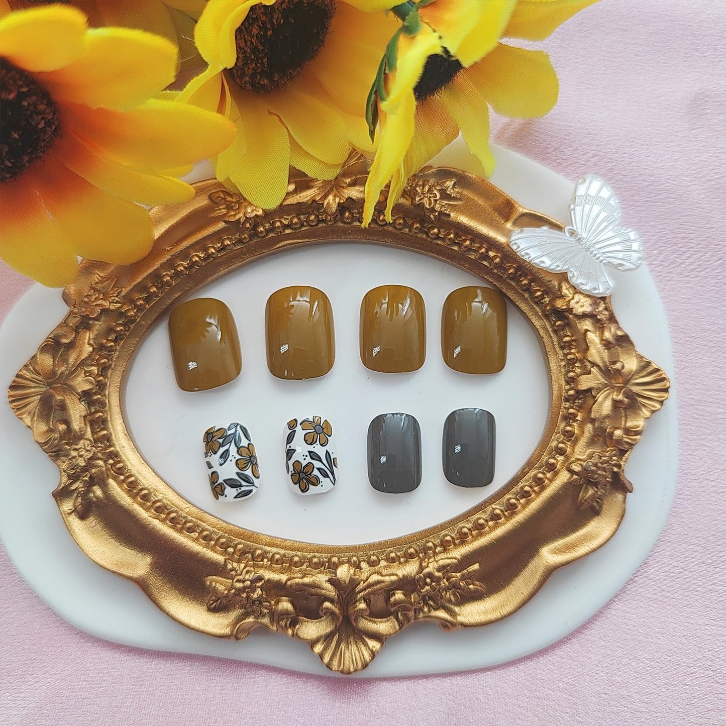 YOJIATOP Square Press on Nails Short With Floral Designs - Yellow and Grey Acrylic Glossy Glue on Artificial Stick on Nails for Women - Fall Style - 24Pcs