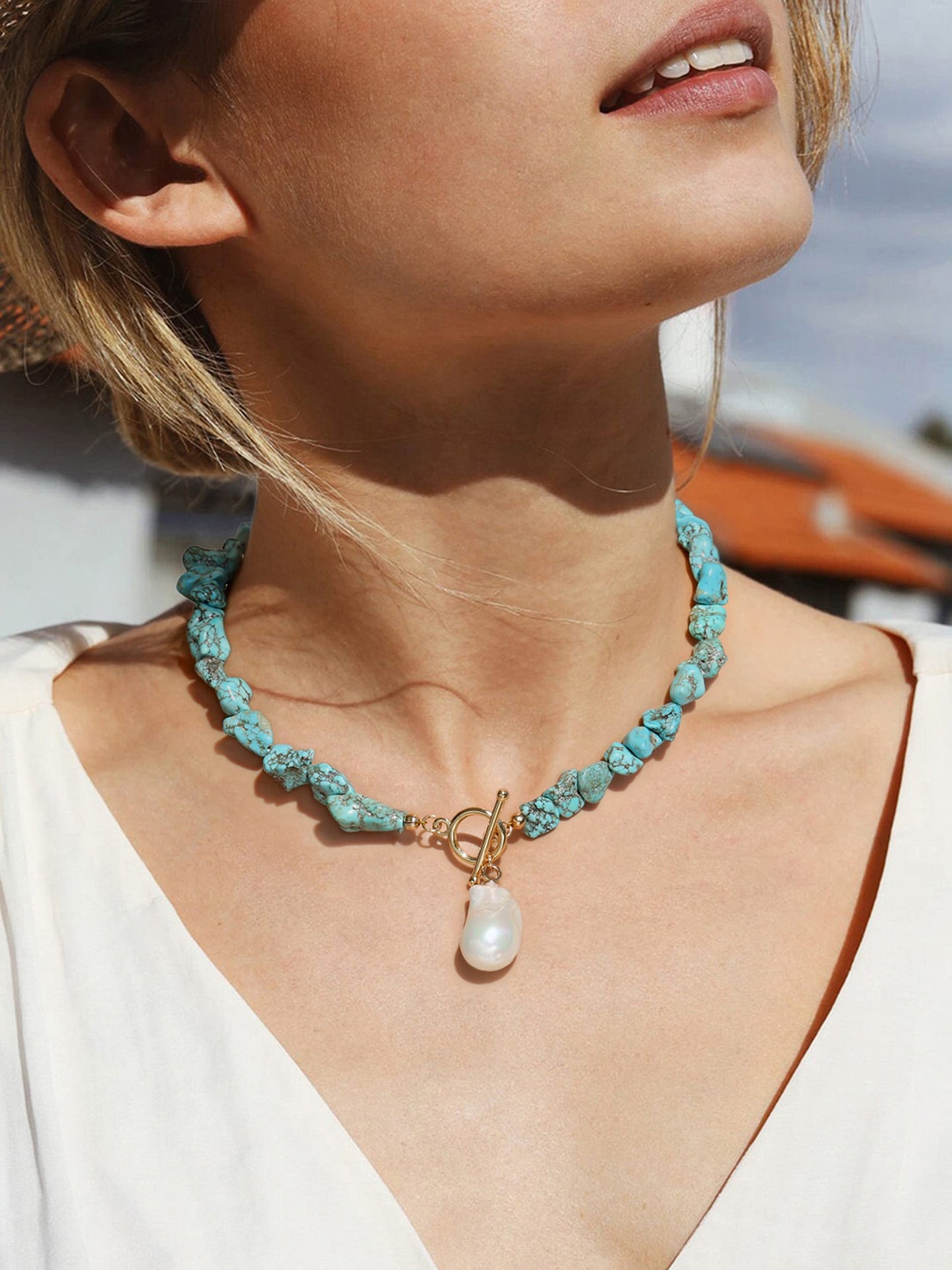 Chunky Statement Turquoise Necklace, Big Baroque Pearl Pendant Choker, Trendy Turquoise Jewelry for Summer